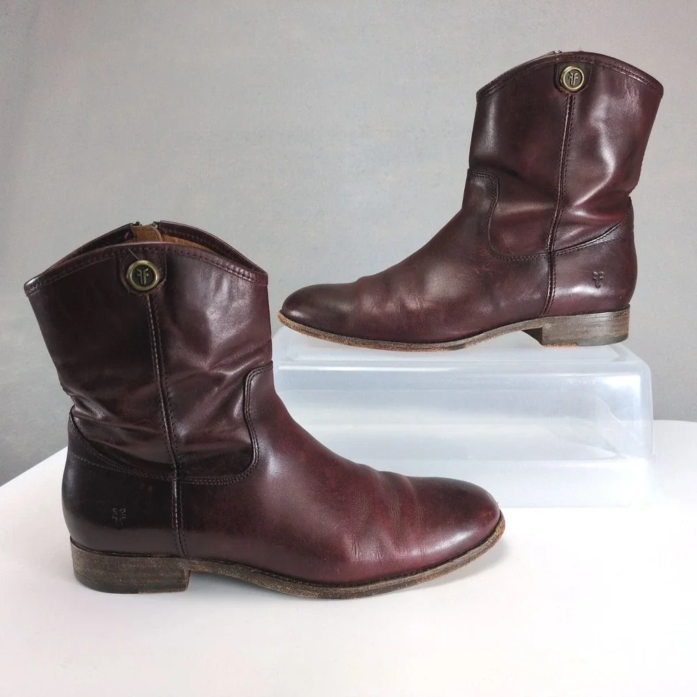 Frye Melissa Wine Leather Ankle Boots Womens 10 Side Zip 1